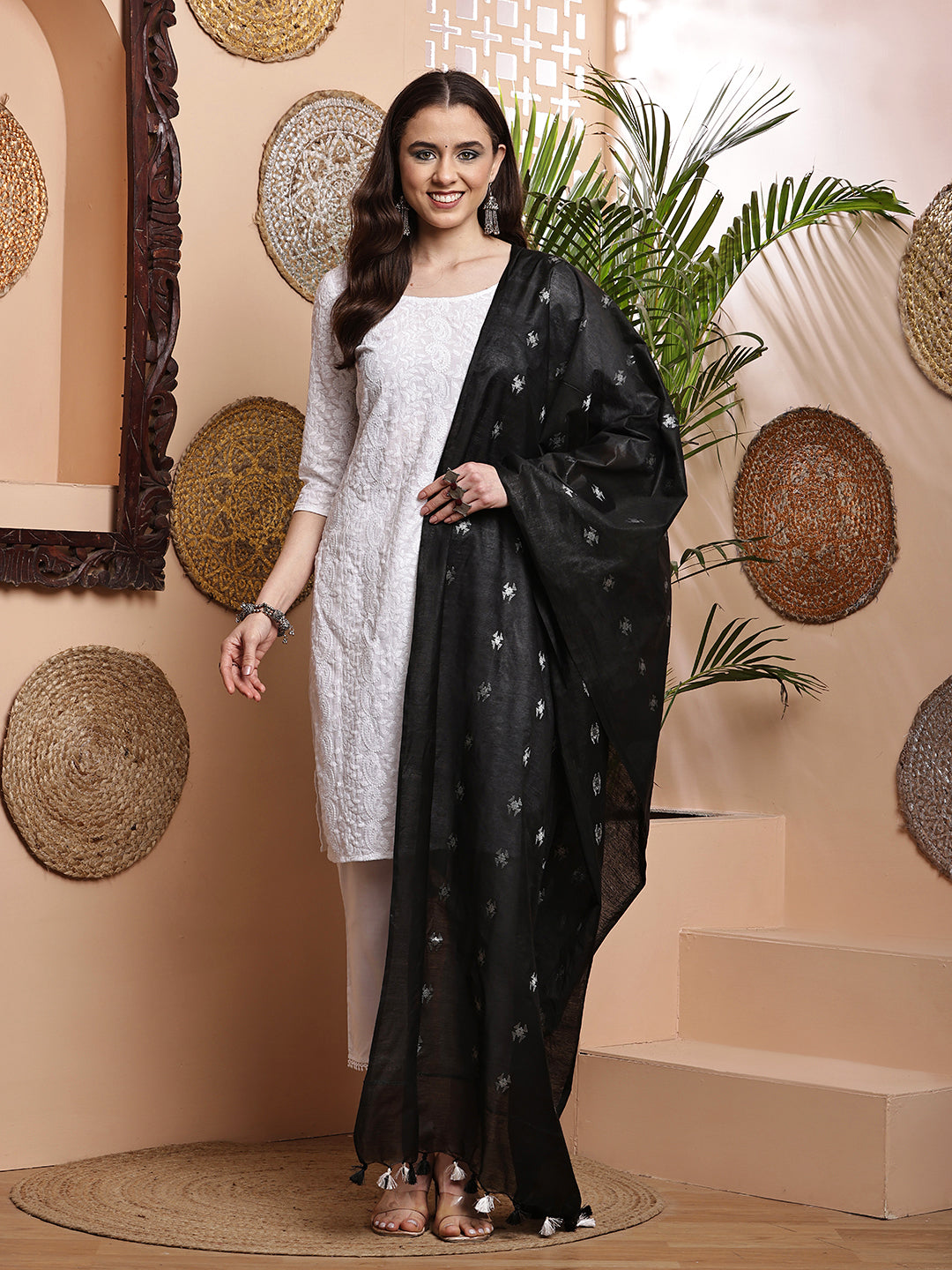 Dupatta-Cotton Silk - Black Floral Buti