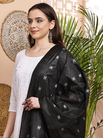 Dupatta-Cotton Silk - Black Floral Buti