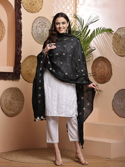 Dupatta-Cotton Silk - Black Floral Buti