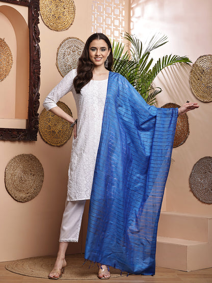 Dupatta- Cotton Viscose Silk- Blue Kantha Border