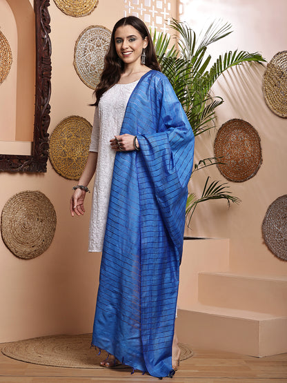 Dupatta- Cotton Viscose Silk- Blue Kantha Border
