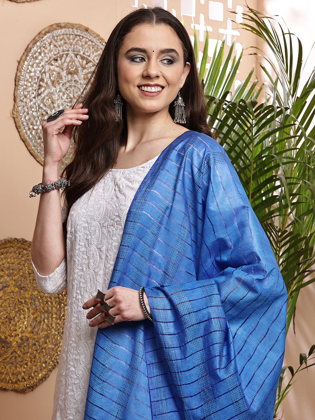 Dupatta- Cotton Viscose Silk- Blue Kantha Border