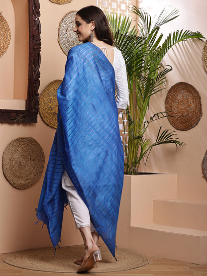 Dupatta- Cotton Viscose Silk- Blue Kantha Border
