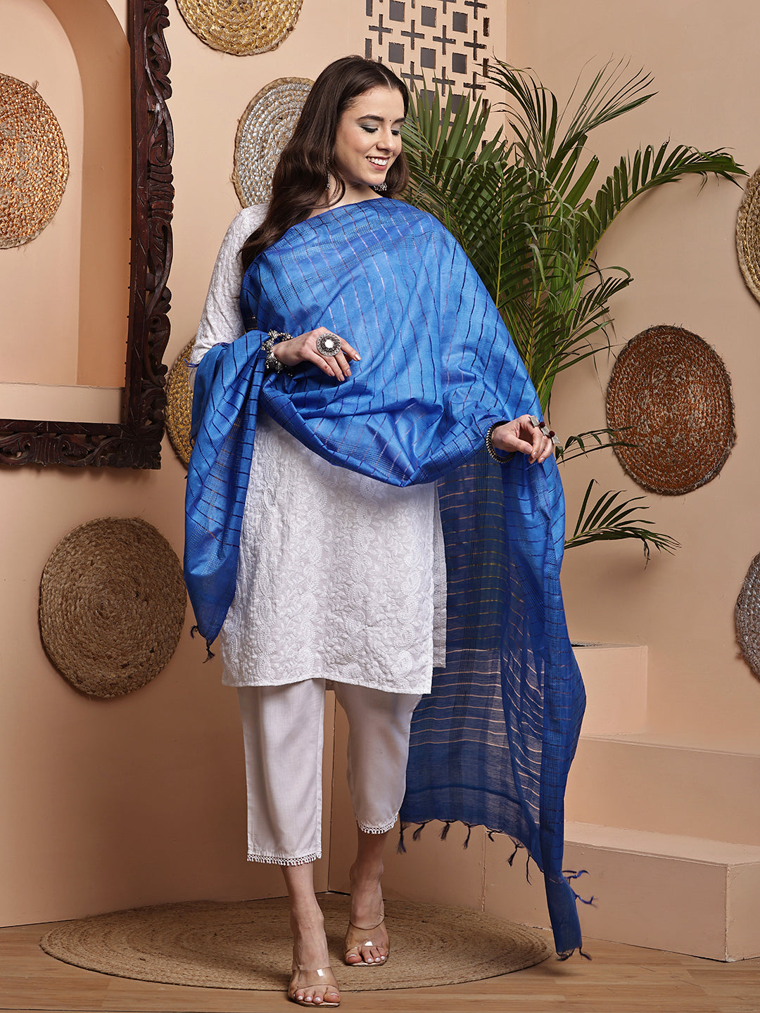 Dupatta- Cotton Viscose Silk- Blue Kantha Border