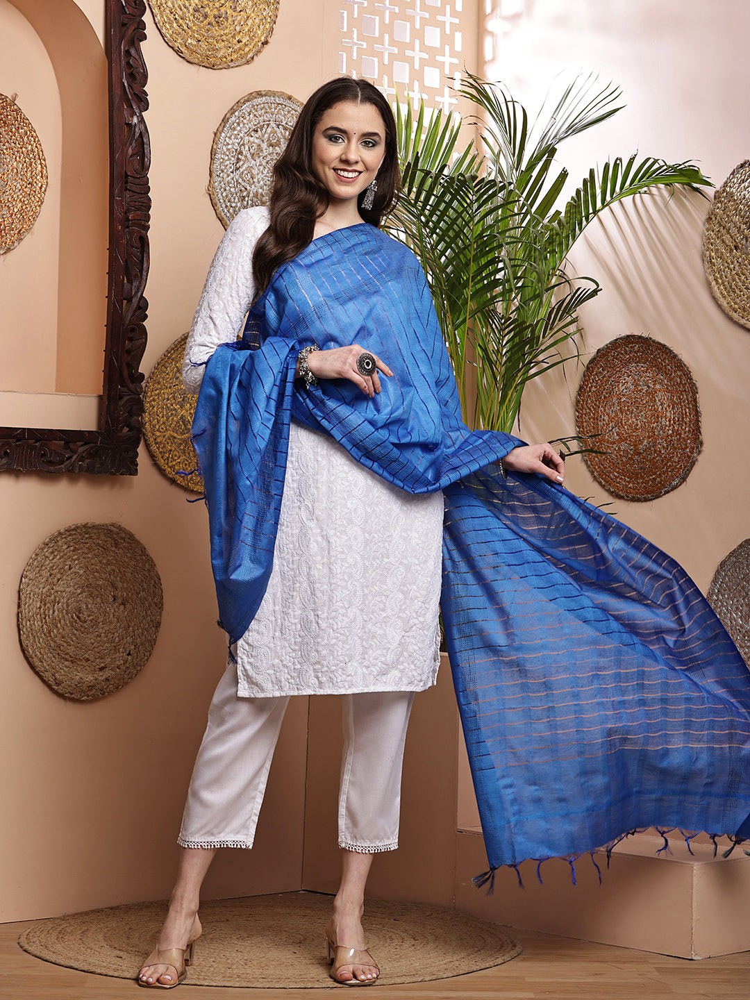 Dupatta- Cotton Viscose Silk- Blue Kantha Border