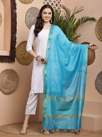 Dupatta-Cotton Silk - Jaal Blue Pallu