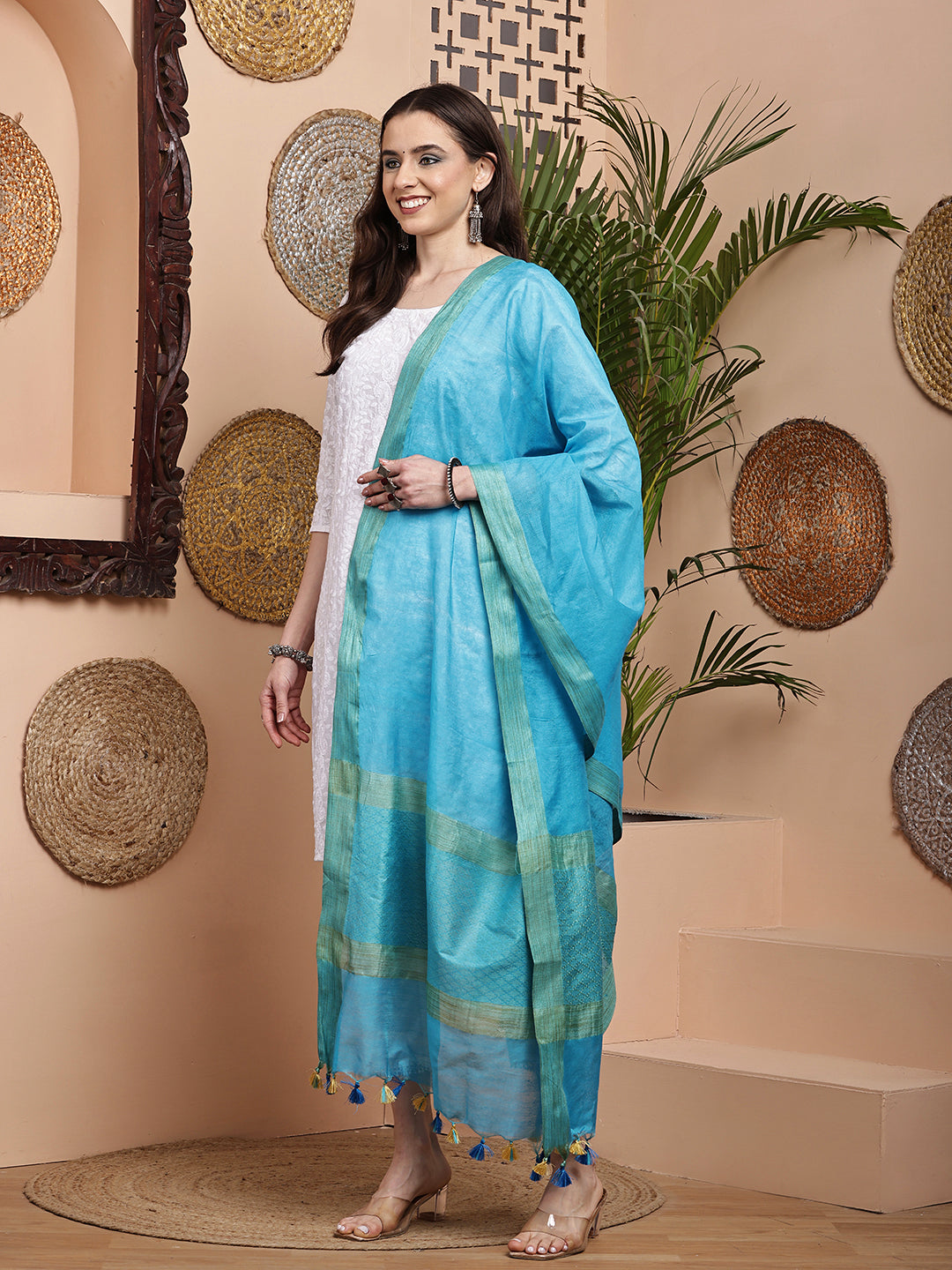 Dupatta-Cotton Silk - Jaal Blue Pallu