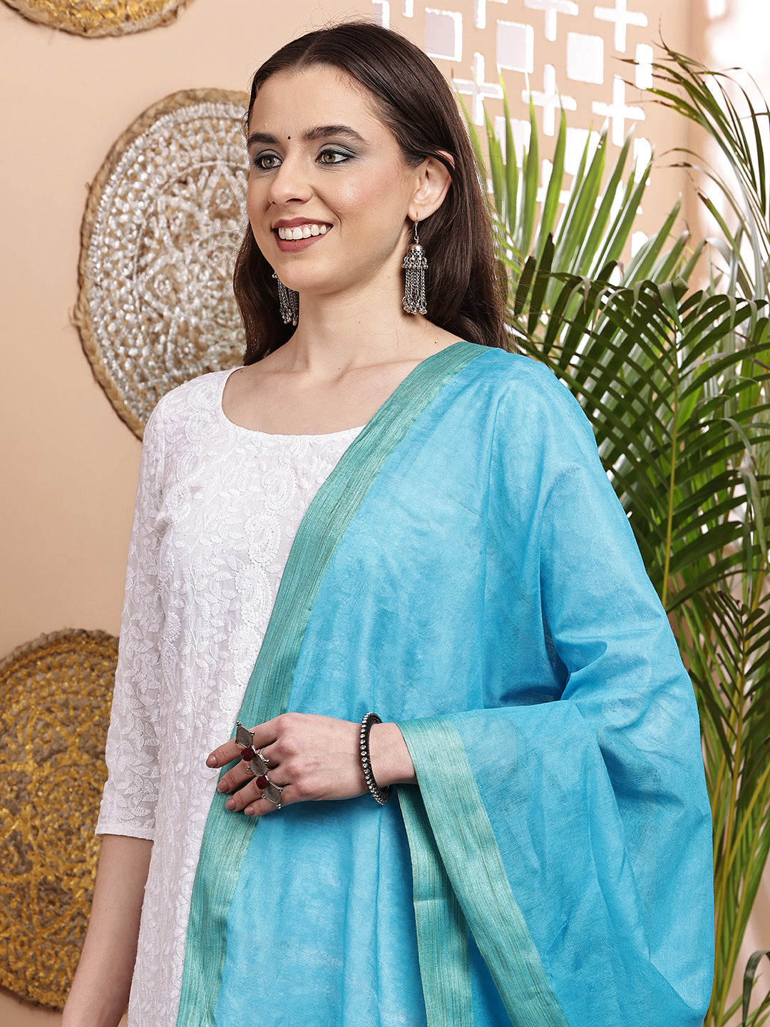 Dupatta-Cotton Silk - Jaal Blue Pallu