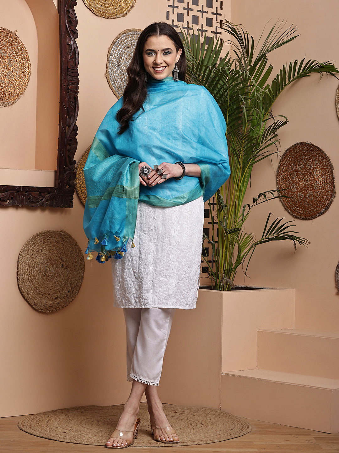 Dupatta-Cotton Silk - Jaal Blue Pallu