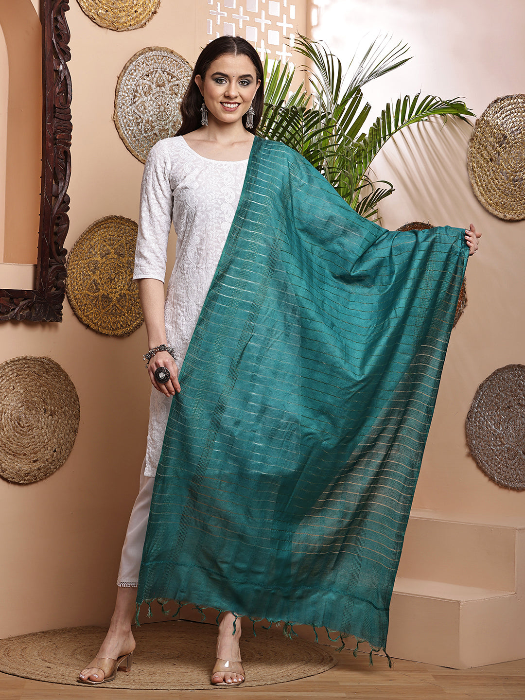 Dupatta- Cotton Viscose Silk- Teal Green Kantha Border