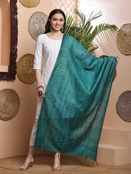 Dupatta- Cotton Viscose Silk- Teal Green Kantha Border