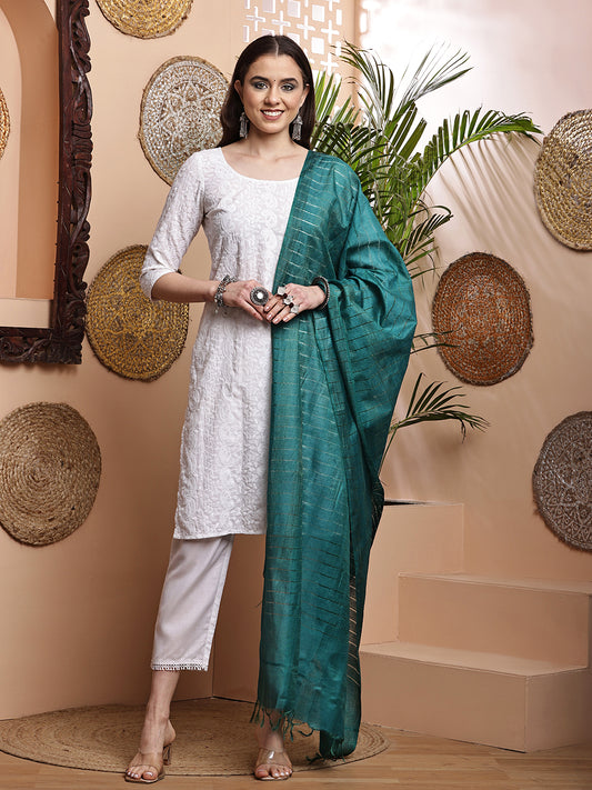 Dupatta- Cotton Viscose Silk- Teal Green Kantha Border