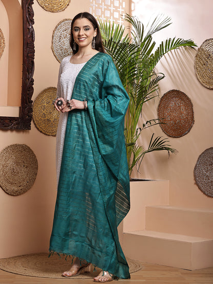 Dupatta- Cotton Viscose Silk- Teal Green Kantha Border