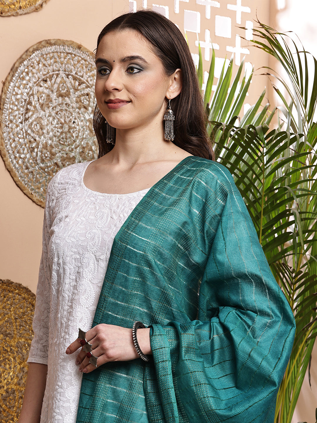 Dupatta- Cotton Viscose Silk- Teal Green Kantha Border