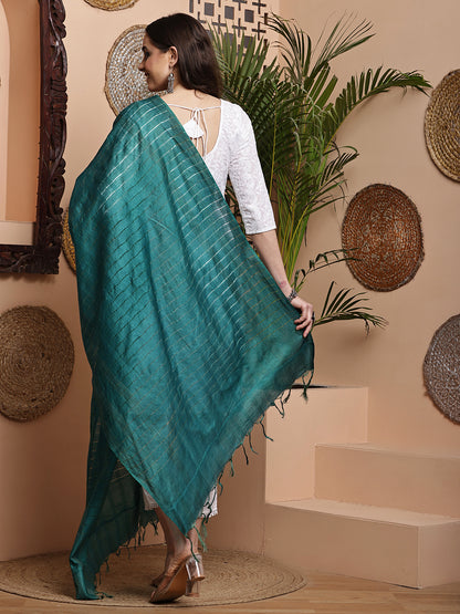 Dupatta- Cotton Viscose Silk- Teal Green Kantha Border