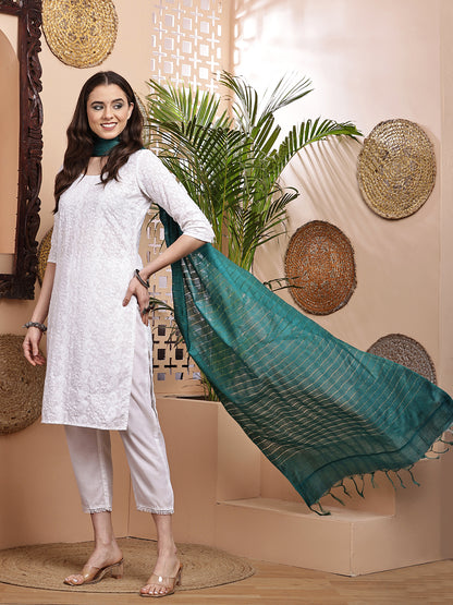 Dupatta- Cotton Viscose Silk- Teal Green Kantha Border