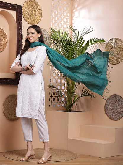 Dupatta- Cotton Viscose Silk- Teal Green Kantha Border