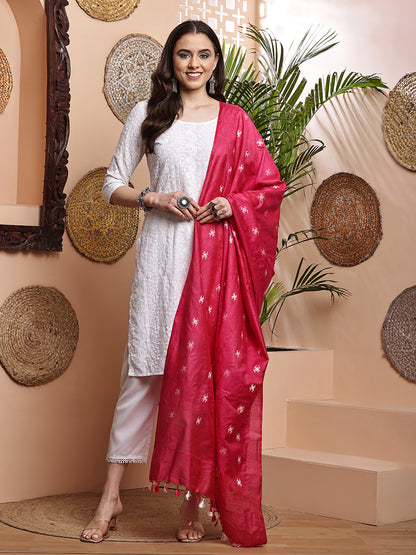 Dupatta-Cotton Silk - Red Floral Buti