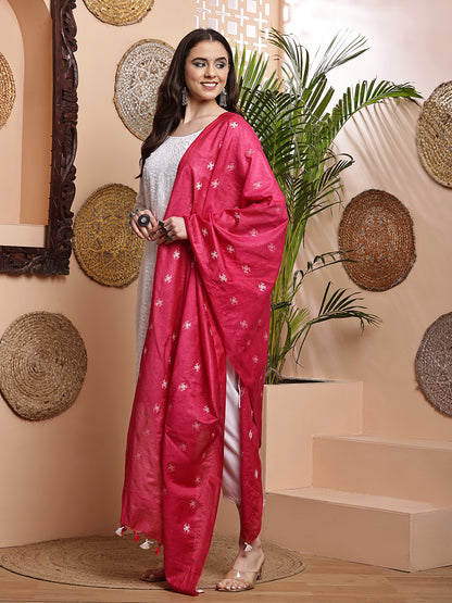 Dupatta-Cotton Silk - Red Floral Buti