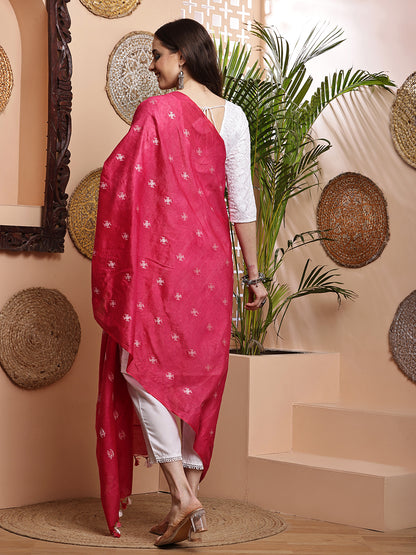 Dupatta-Cotton Silk - Red Floral Buti