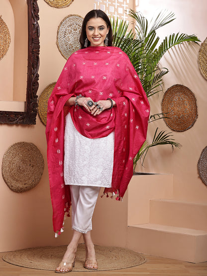 Dupatta-Cotton Silk - Red Floral Buti