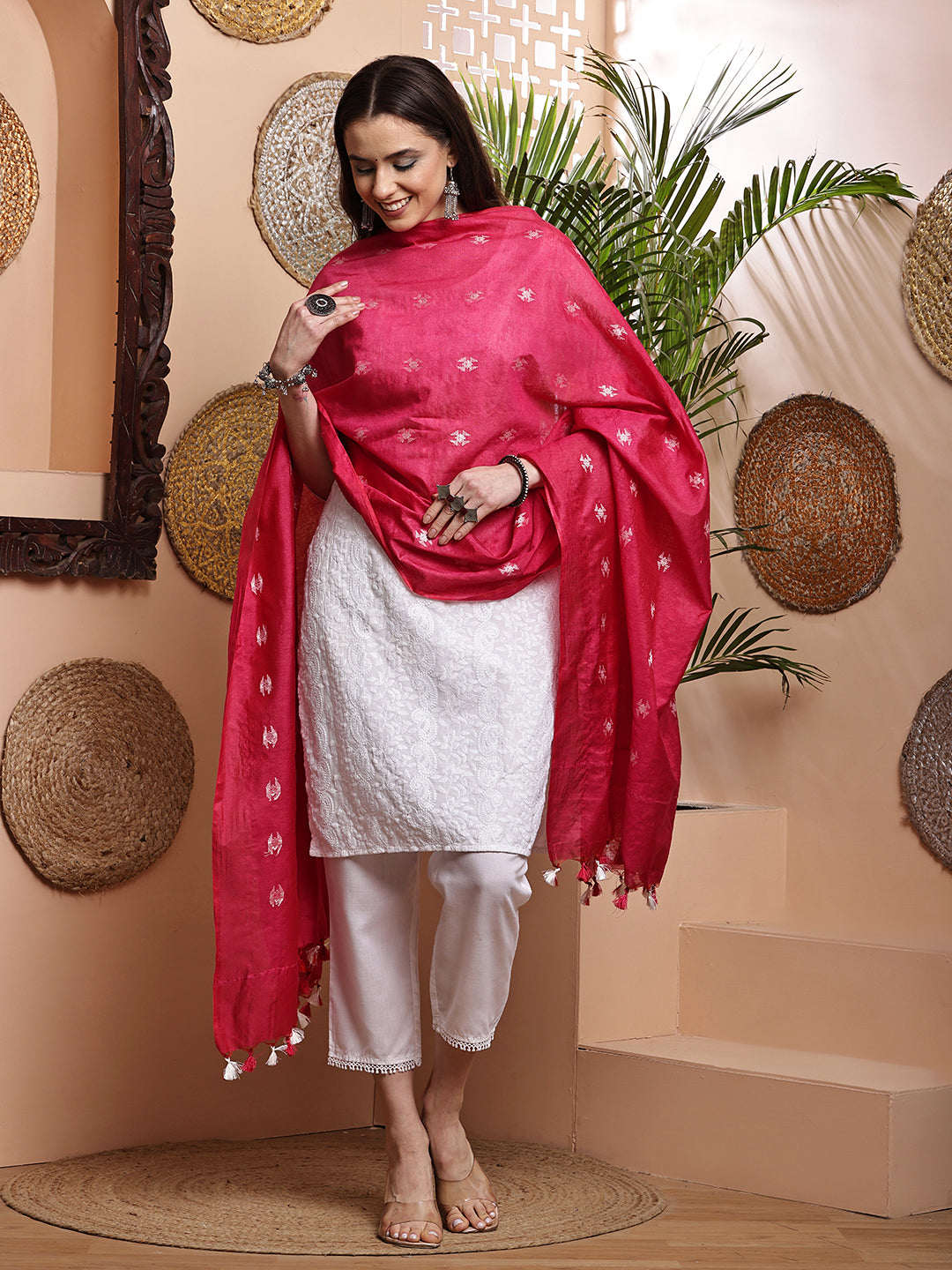 Dupatta-Cotton Silk - Red Floral Buti