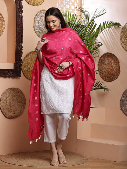 Dupatta-Cotton Silk - Red Floral Buti