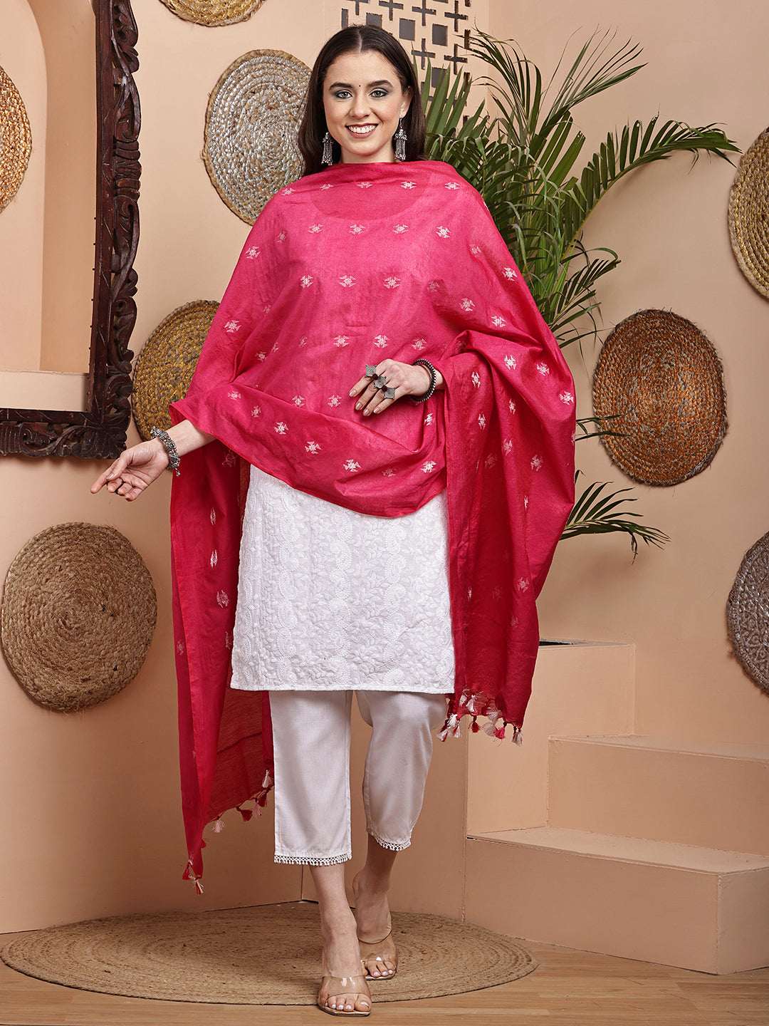 Dupatta-Cotton Silk - Red Floral Buti