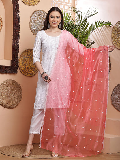 Dupatta-Organza White Embroidery- Carrot Pink