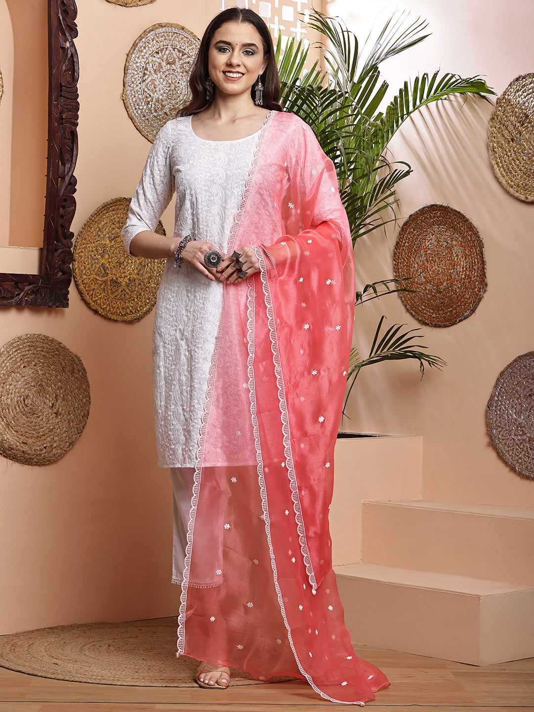 Dupatta-Organza White Embroidery- Carrot Pink