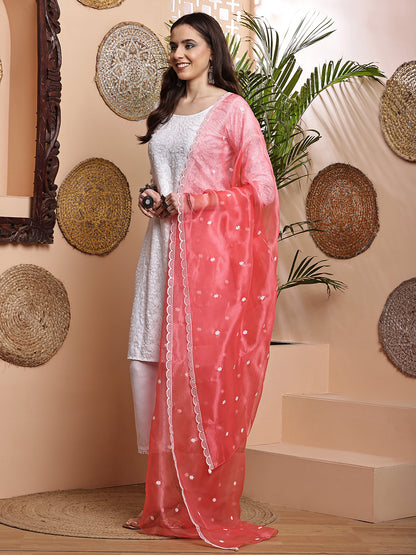 Dupatta-Organza White Embroidery- Carrot Pink