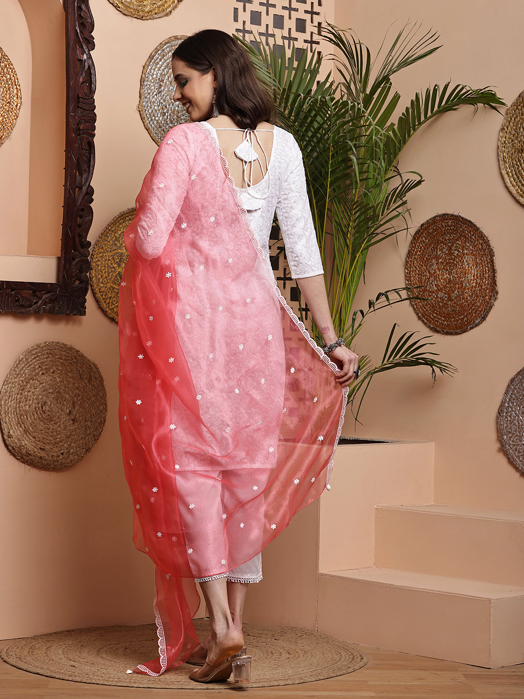 Dupatta-Organza White Embroidery- Carrot Pink