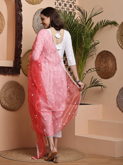 Dupatta-Organza White Embroidery- Carrot Pink