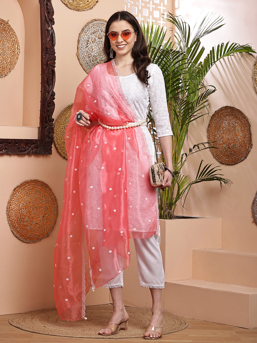 Dupatta-Organza White Embroidery- Carrot Pink