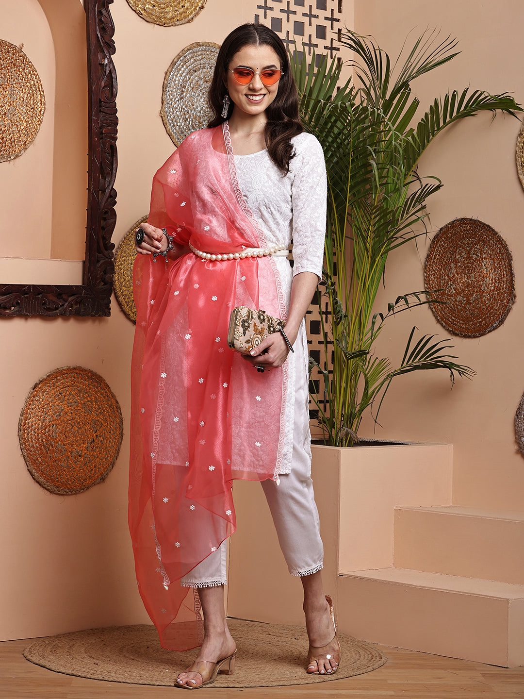Dupatta-Organza White Embroidery- Carrot Pink
