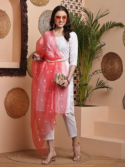 Dupatta-Organza White Embroidery- Carrot Pink