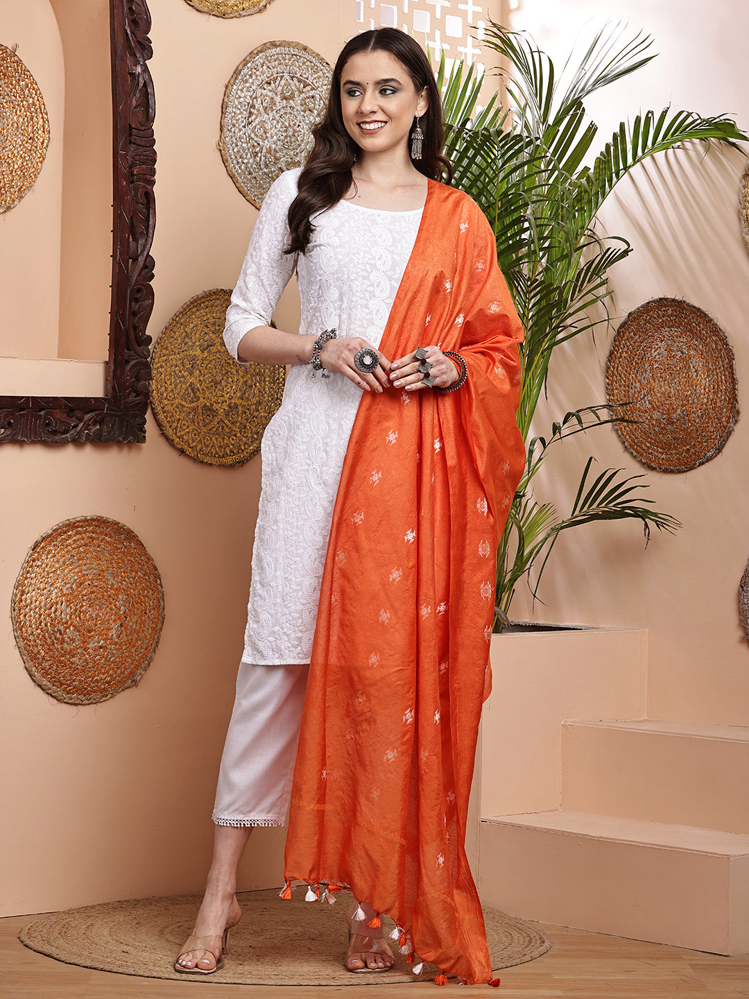 Dupatta-Cotton Silk - Orange Floral Buti