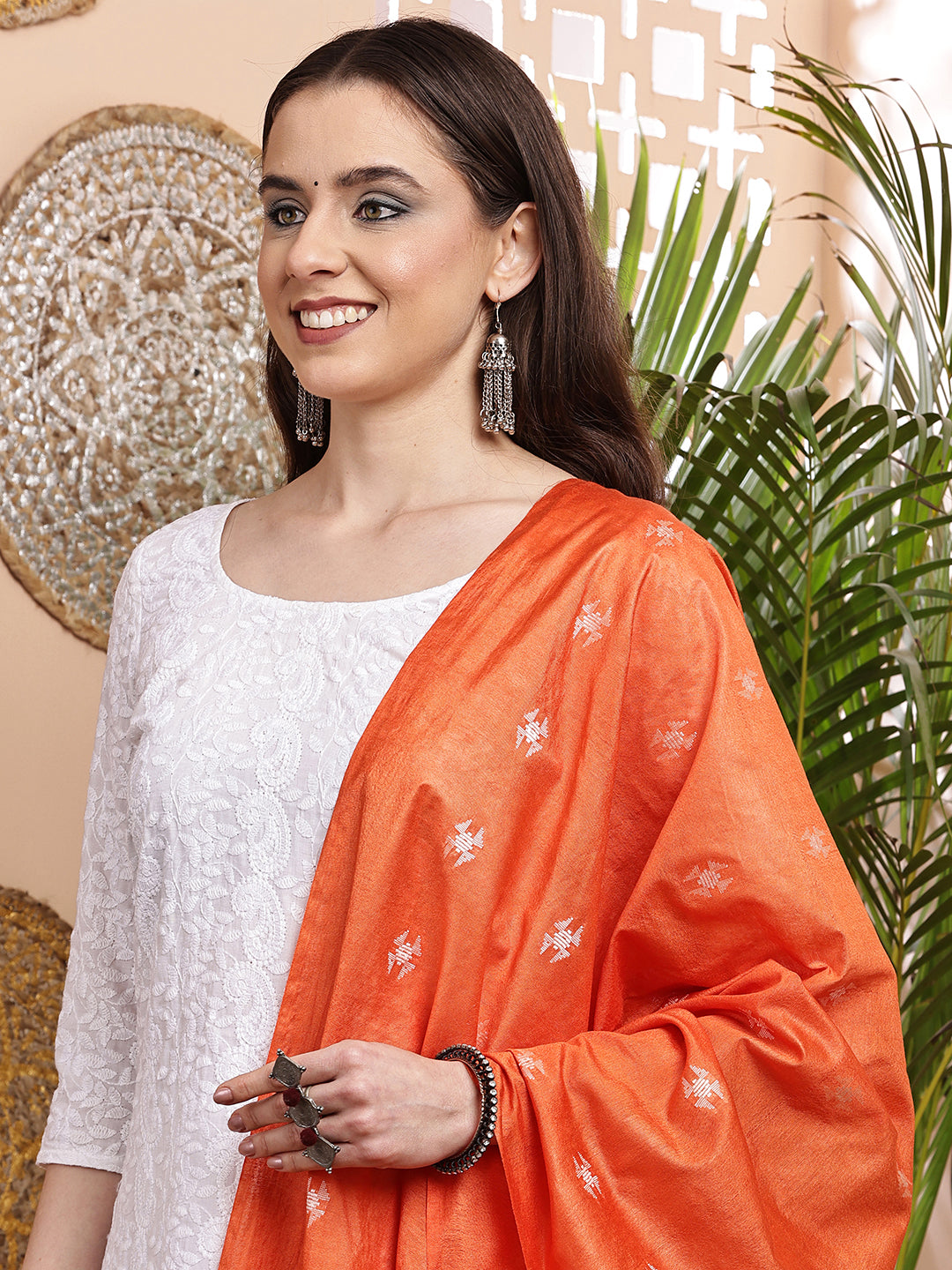 Dupatta-Cotton Silk - Orange Floral Buti