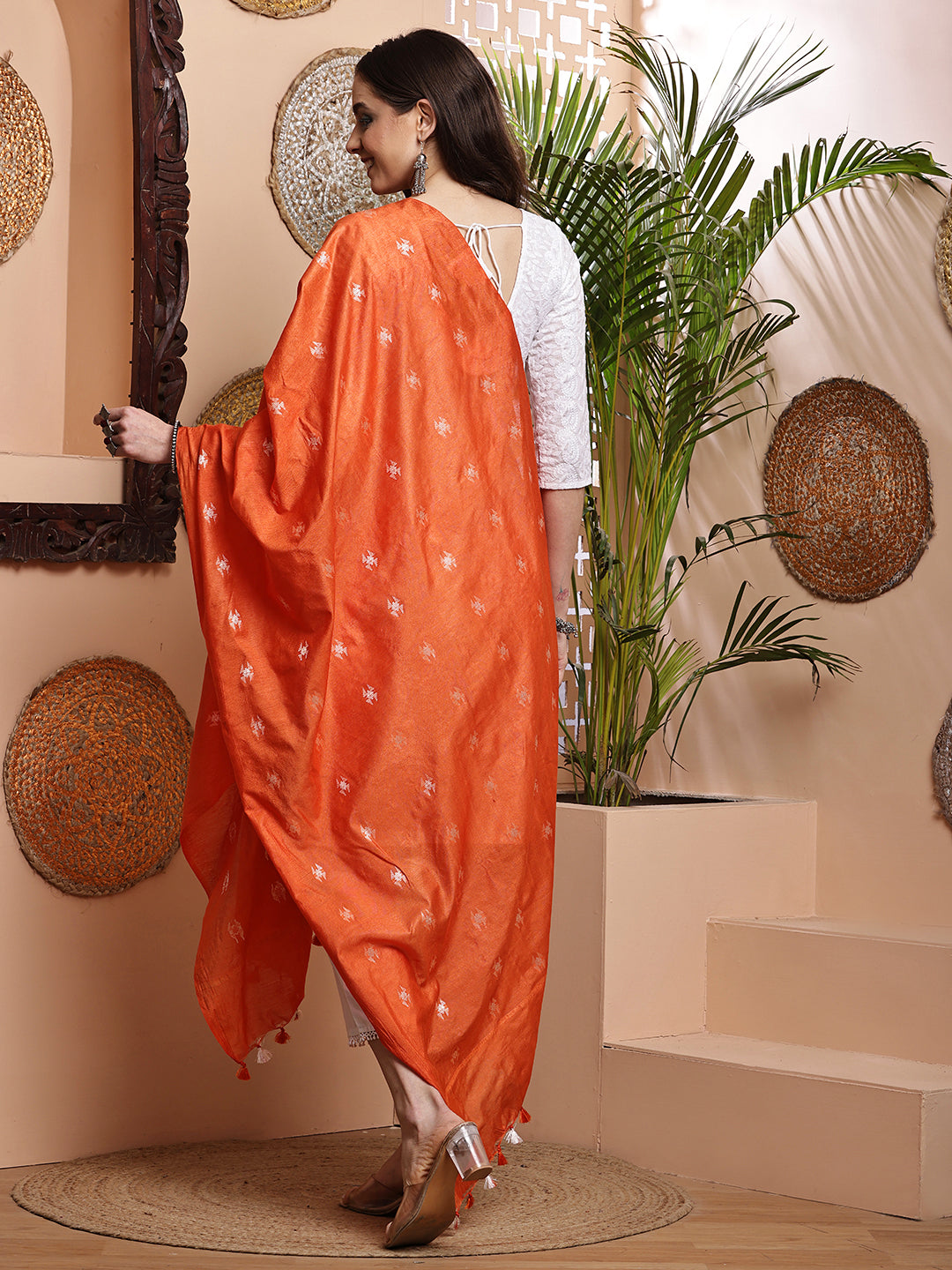 Dupatta-Cotton Silk - Orange Floral Buti