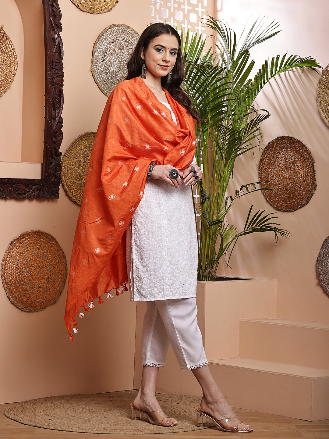 Dupatta-Cotton Silk - Orange Floral Buti