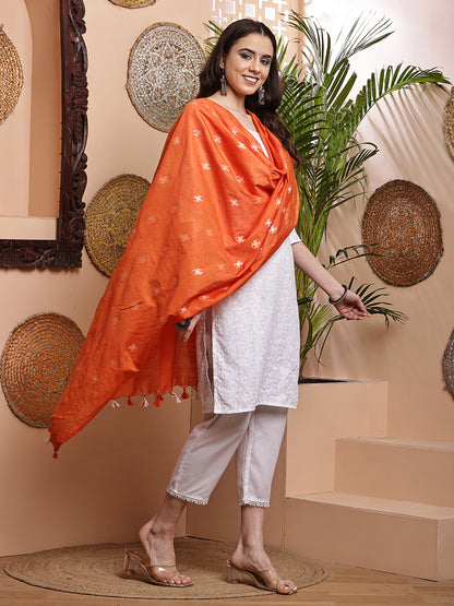 Dupatta-Cotton Silk - Orange Floral Buti