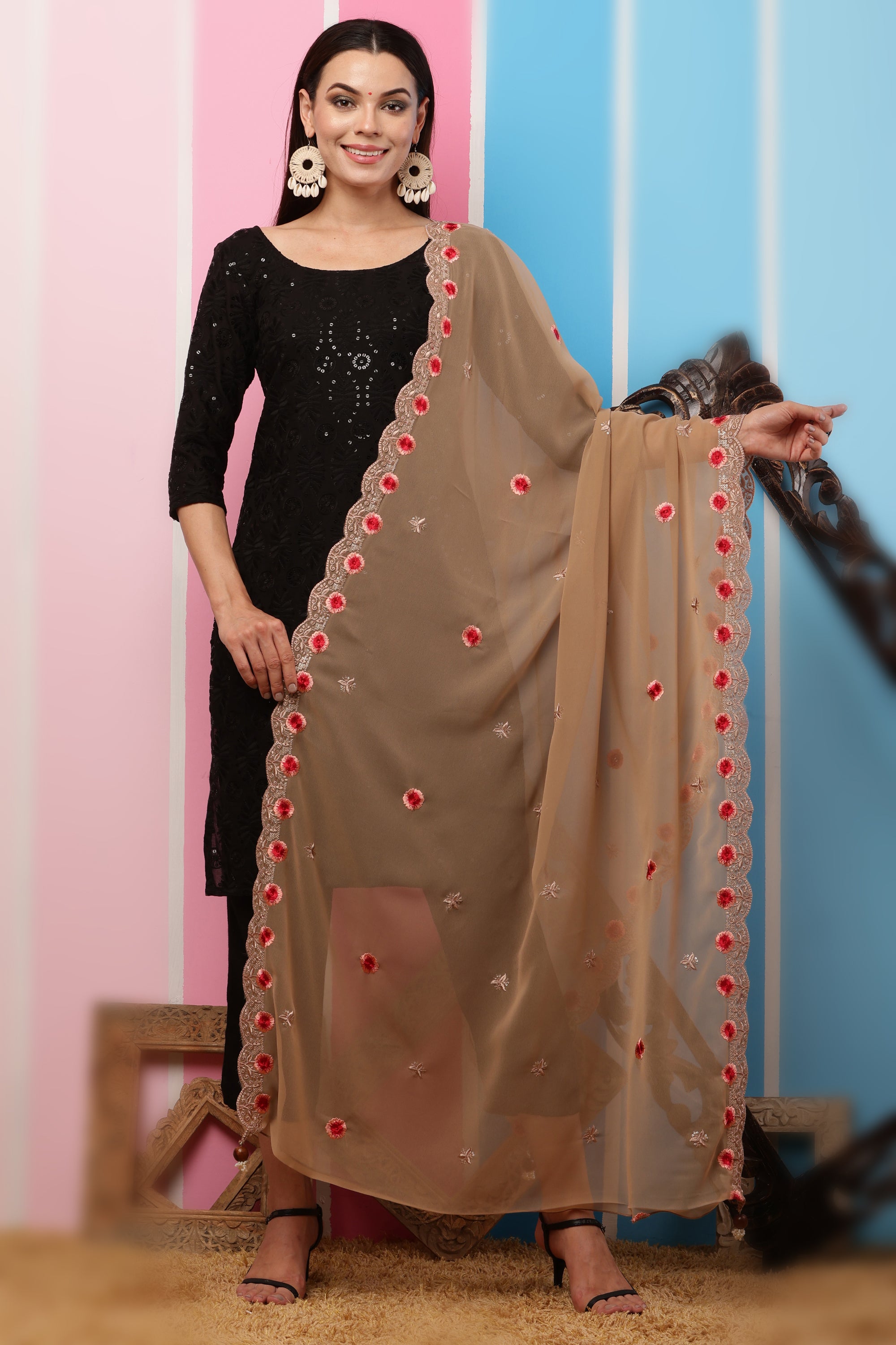 Georgette Dupatta- Chikoo Multi