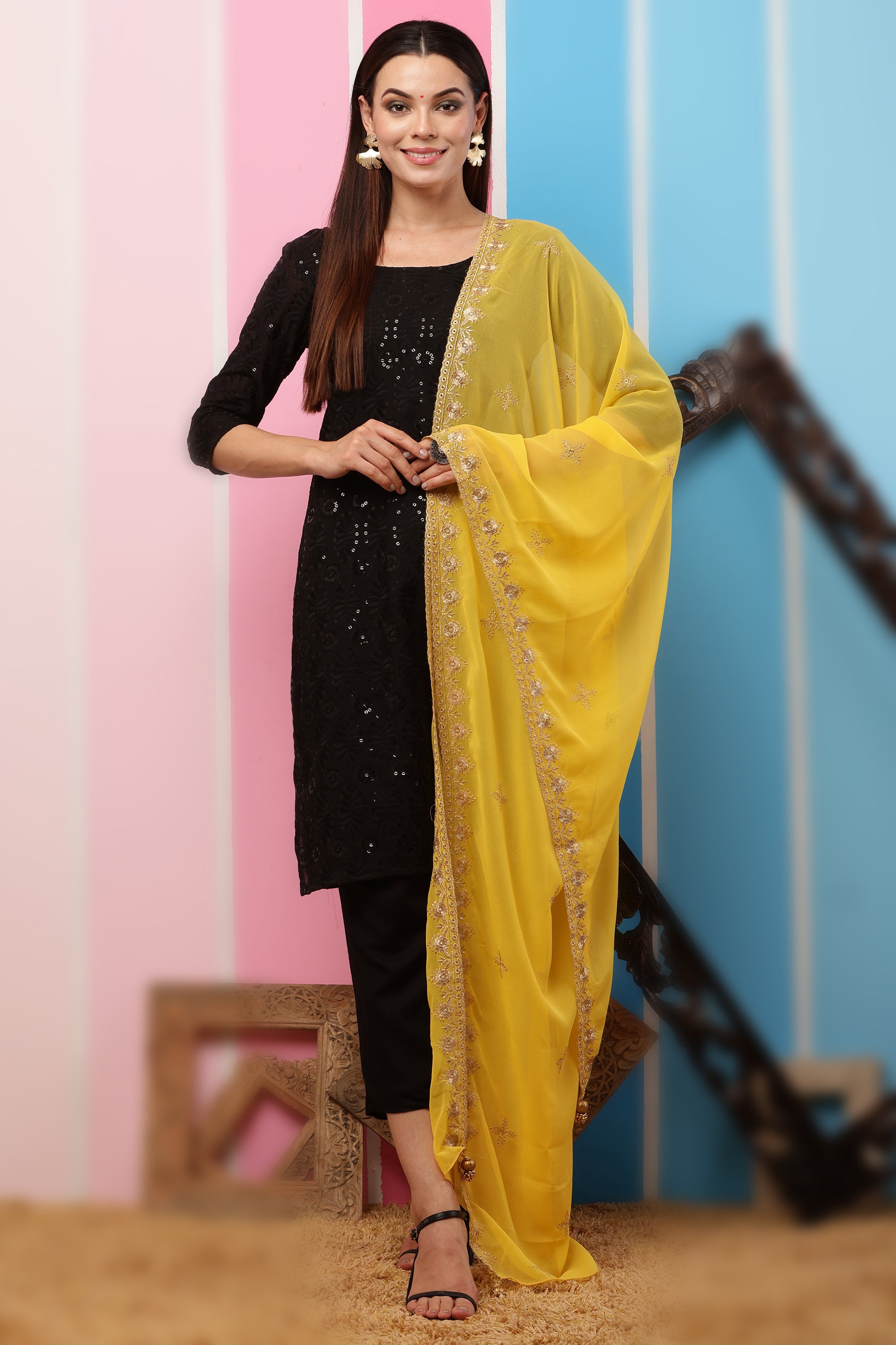 Georgette Dupatta- Yellow Zari