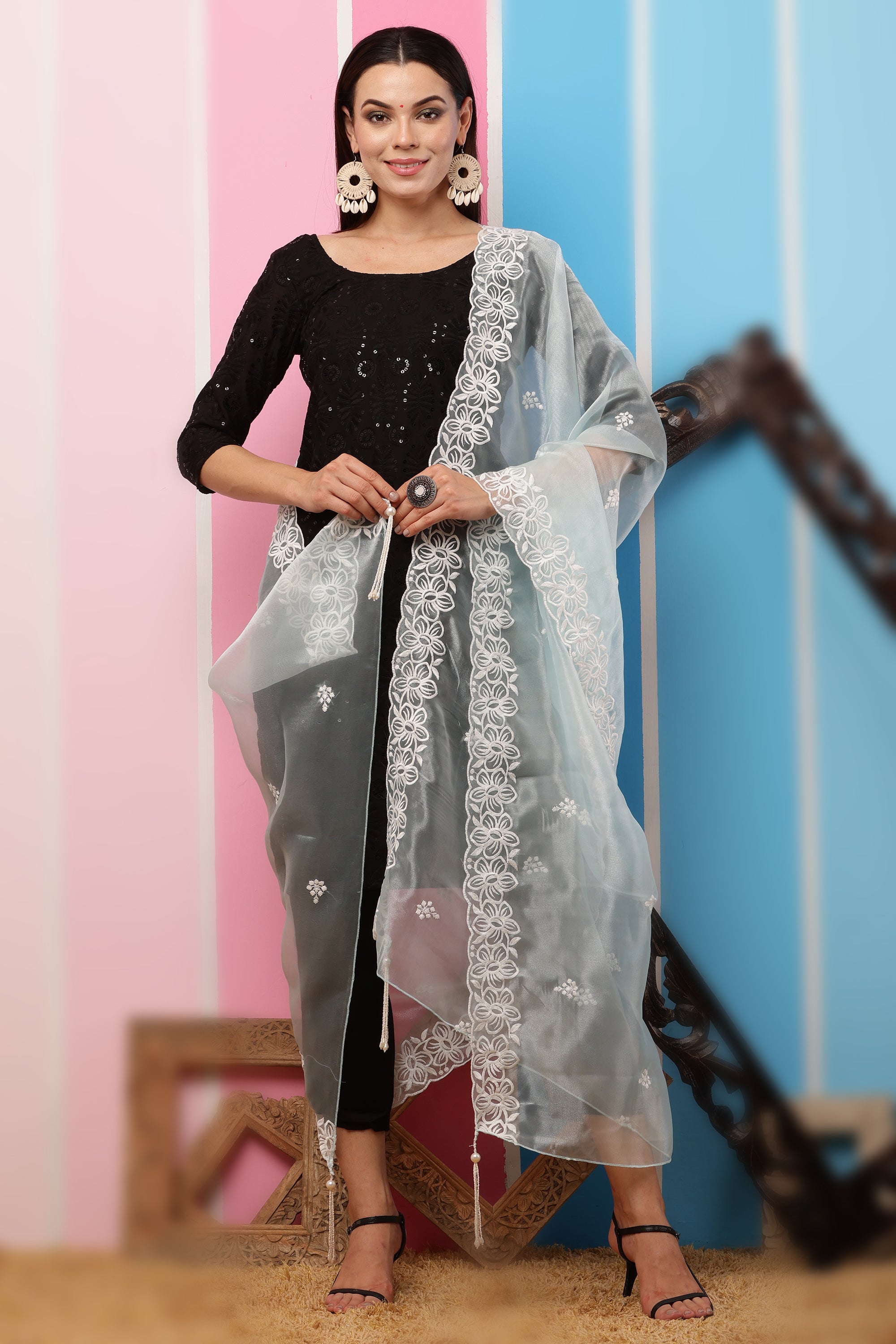 Organza Dupatta- Aqua Blue