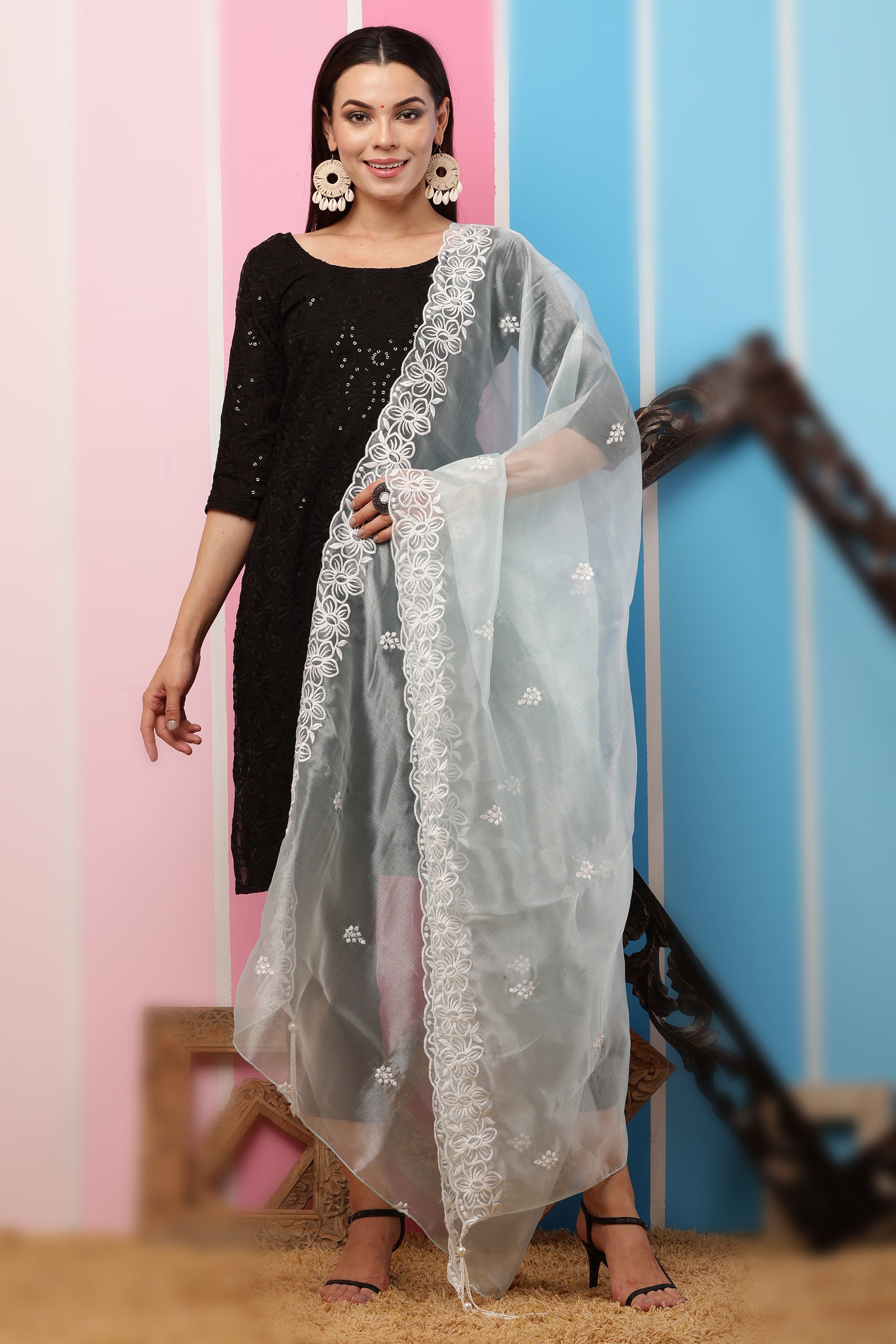 Organza Dupatta- Aqua Blue