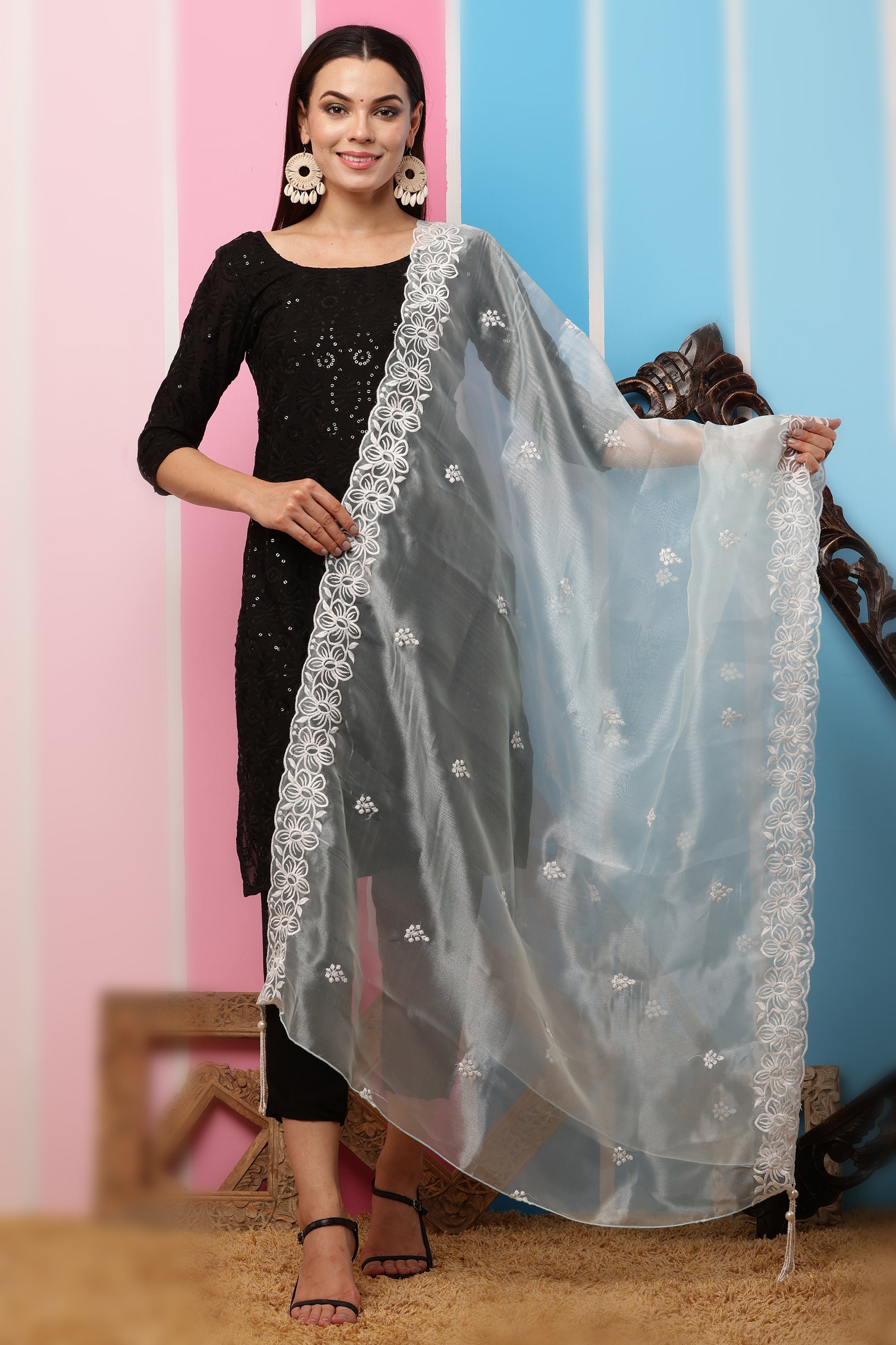 Organza Dupatta- Aqua Blue