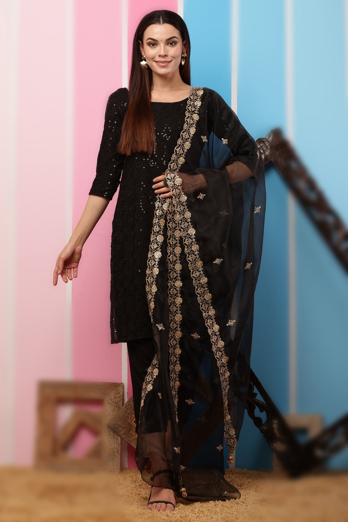 Organza Dupatta- Black Zari