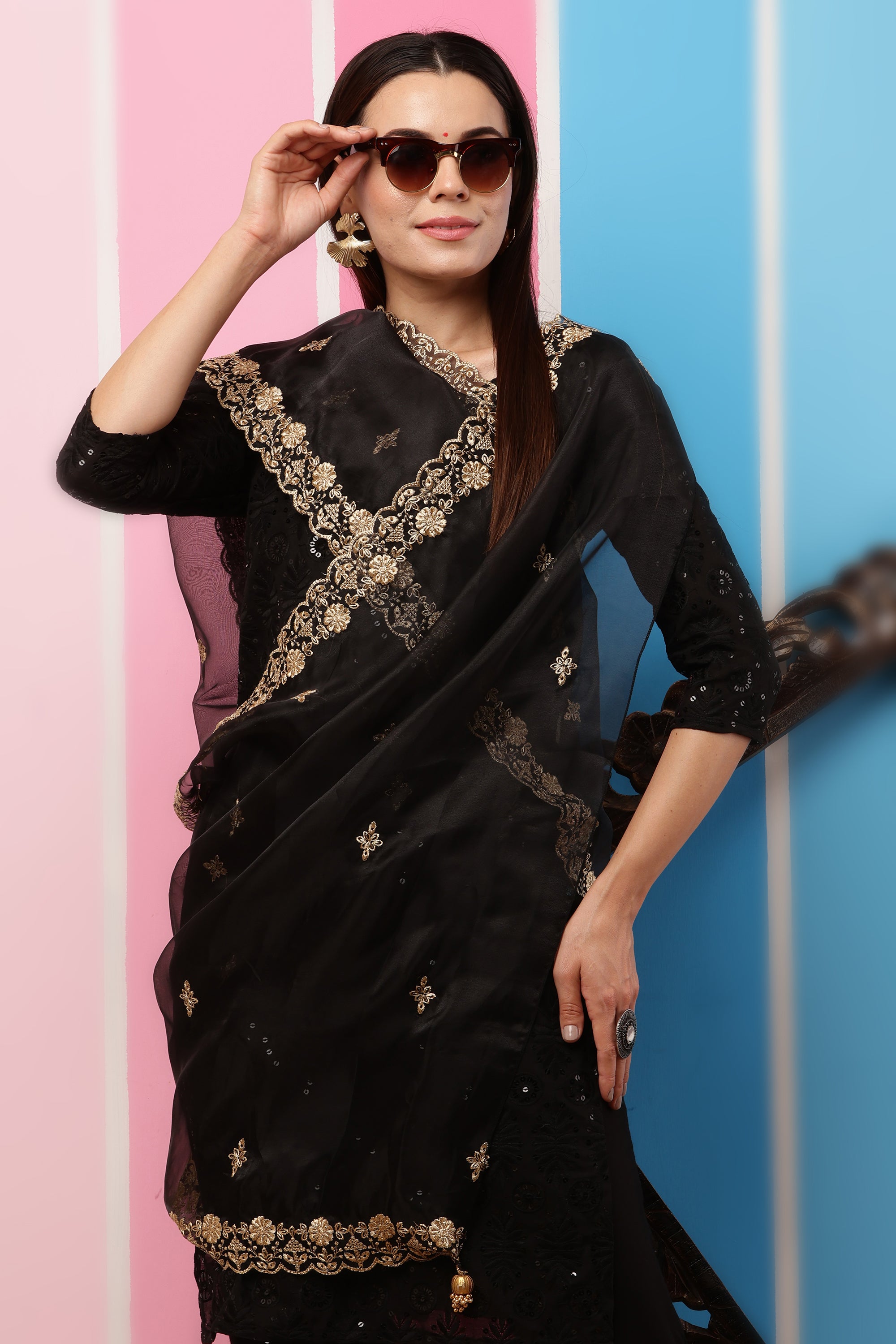 Organza Dupatta- Black Zari