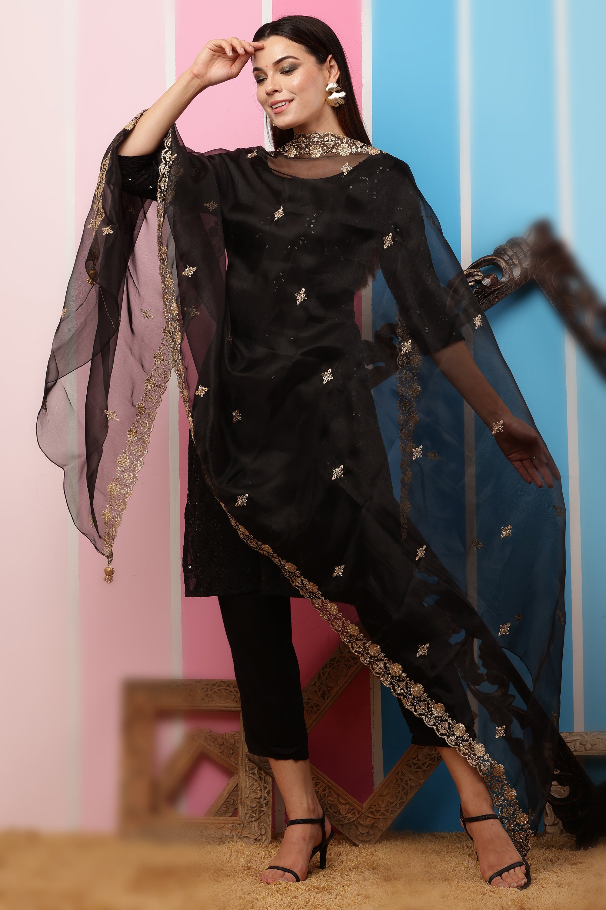 Organza Dupatta- Black Zari