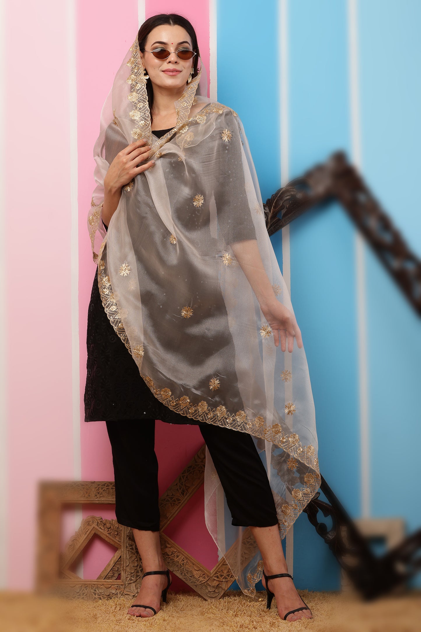 Organza Dupatta- Dark Beige Zari